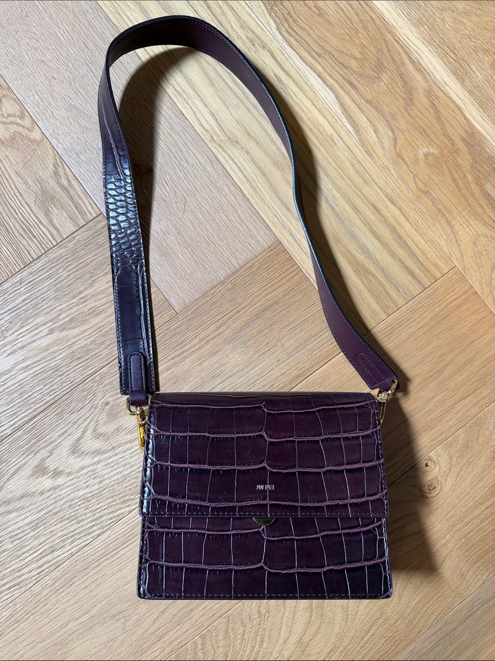 JW PEI Burgundy Croc-Embossed Crossbody Bag